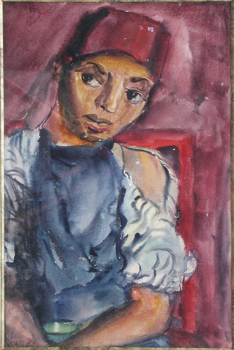 Lou Albert Lasard "portrait Of A Young Moroccan" Watercolor 43x29-photo-4